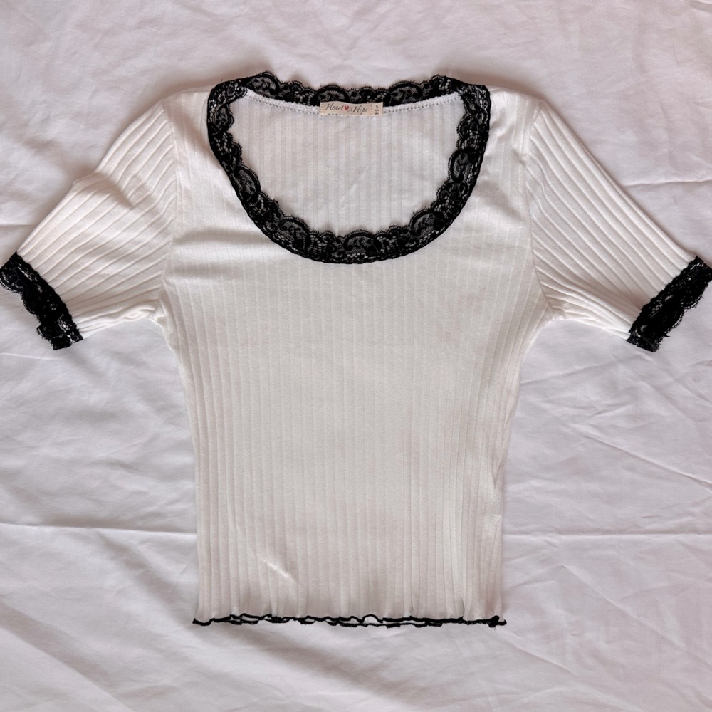 White and Black Lace Trim Top